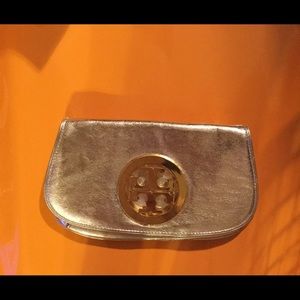 Tory Burch Metallic Gold Logo Clutch Handbag